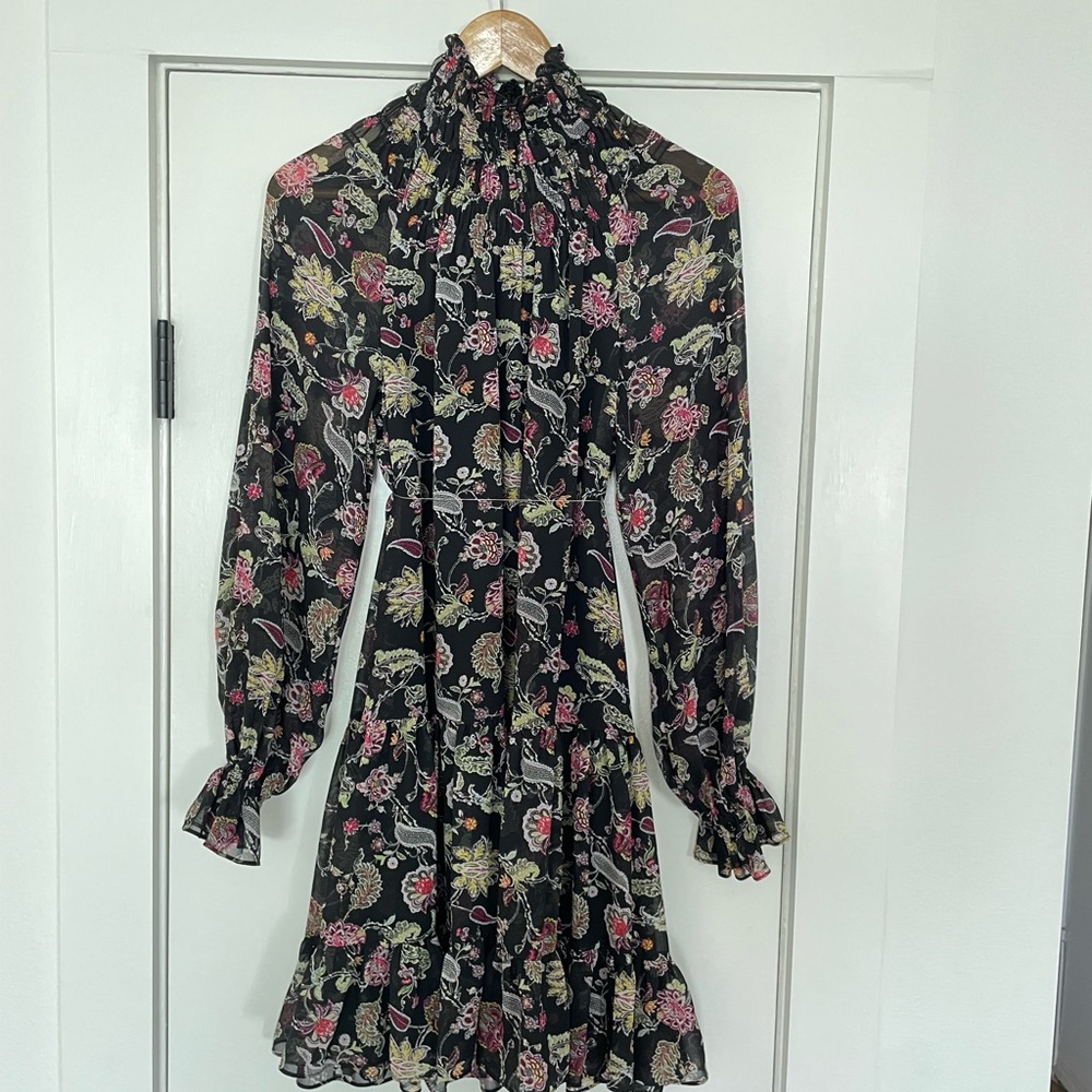 CINQ A SEPT | Black Floral Ruffle Smocked Dress, Size 4, - Picture 12 of 15